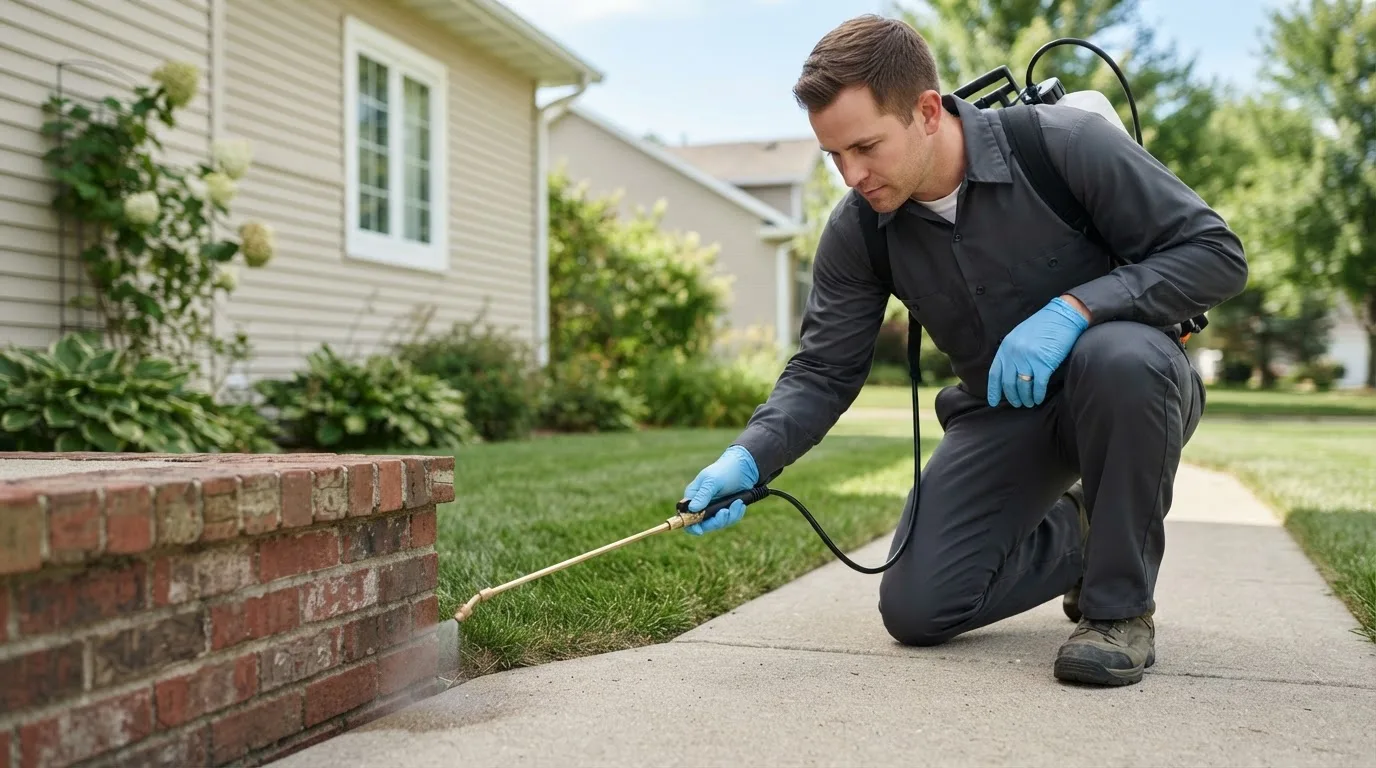 Pest control technician treating a home near Kissee Mills, MO